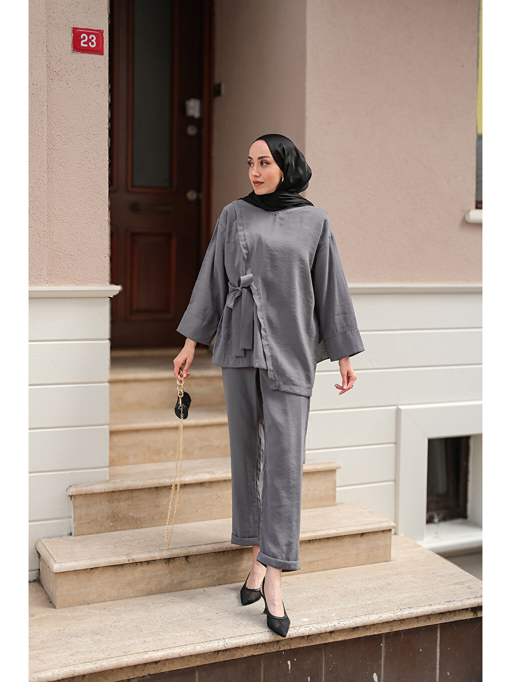 Kadın Yandan Bağlamalı Modal Takım Gri-2