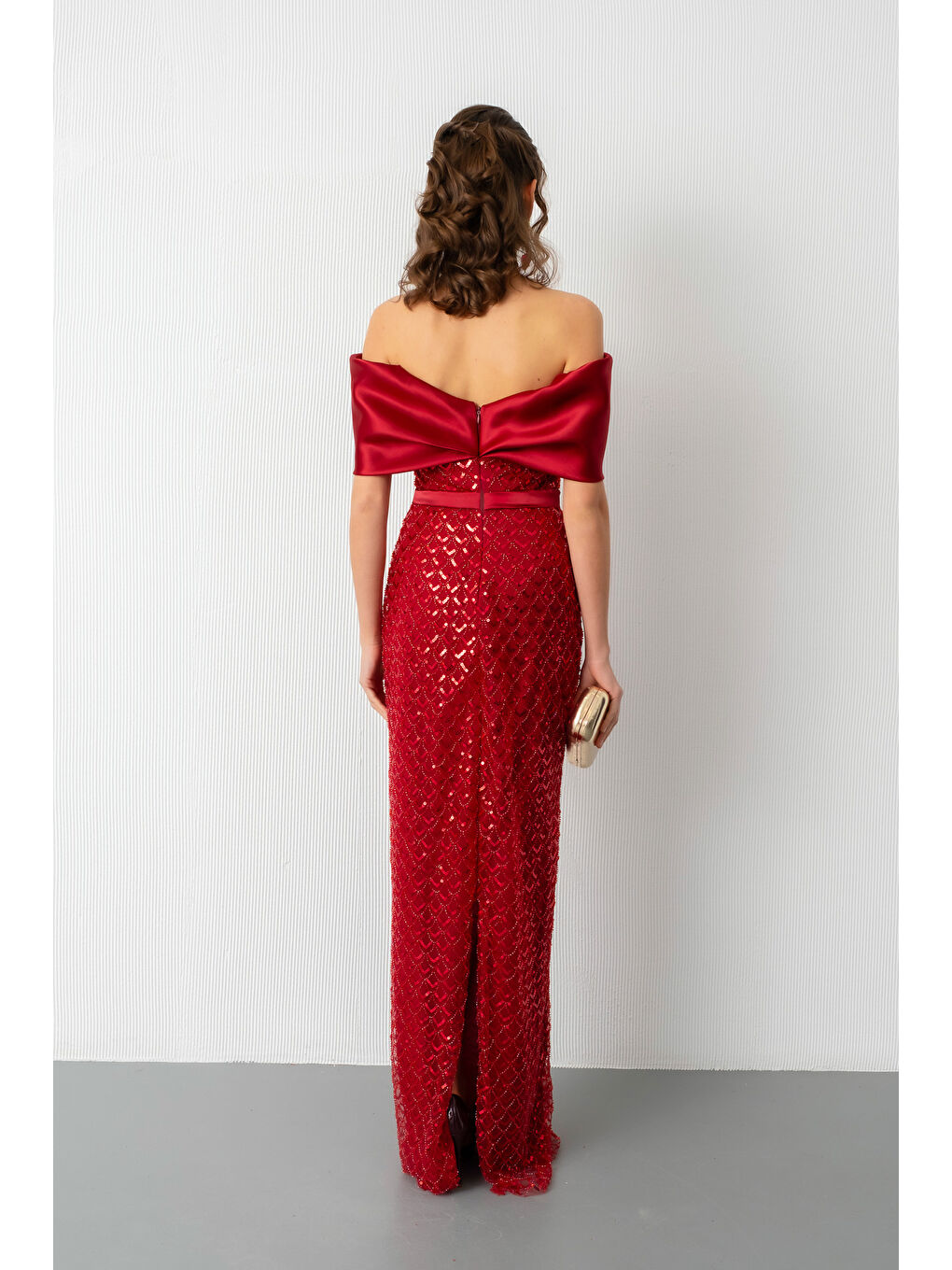 Kadın Bordo Yaka Organze Detay Pul Payetli Uzun Abiye Elibse-5