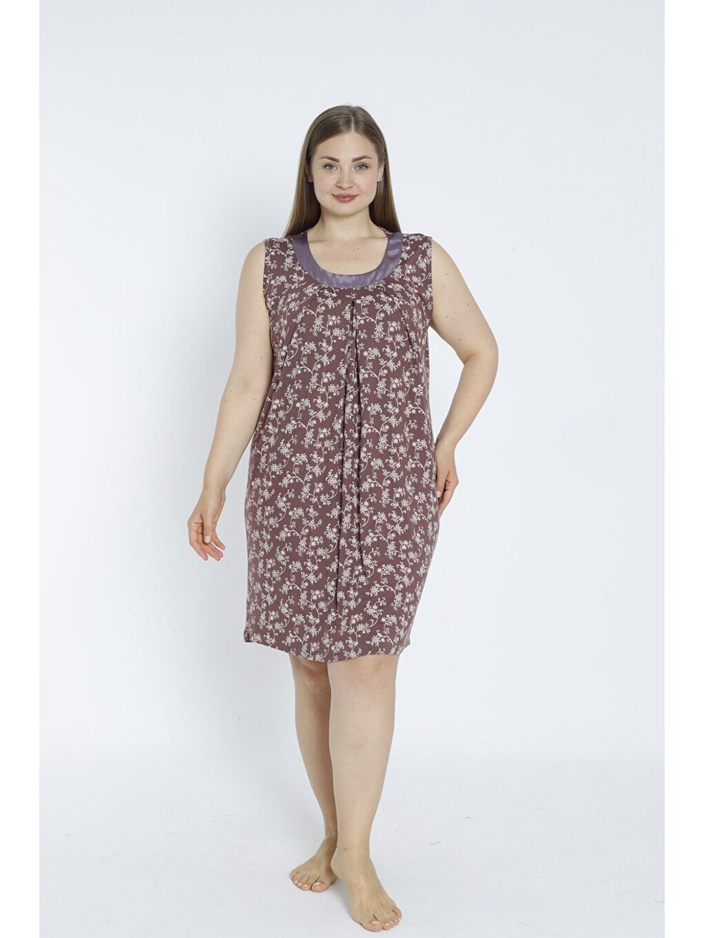 Kahverengi Desenli Saten Detaylı Askılı Büyük Beden Elastanlı Viskon Gecelik-2