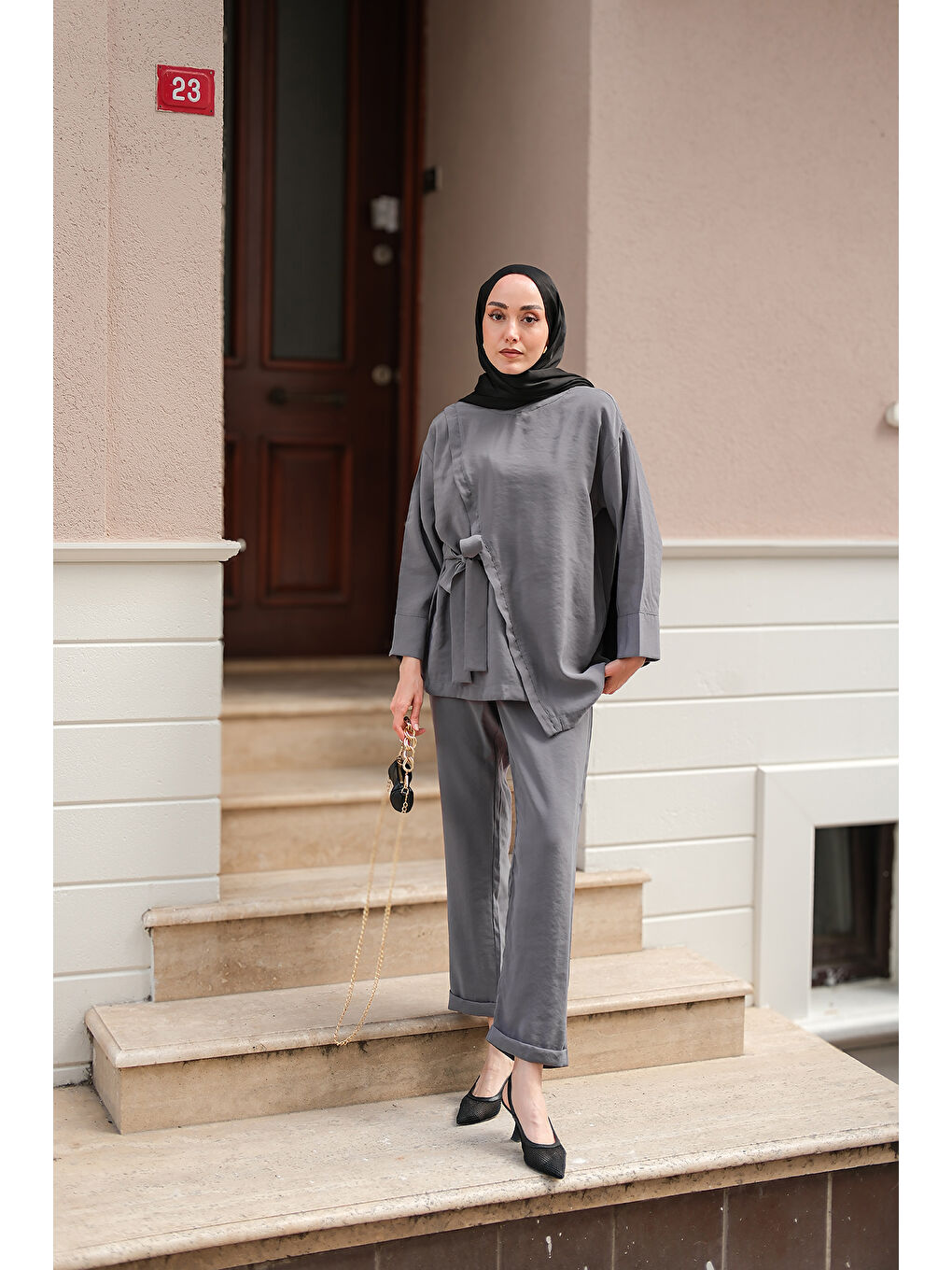 Kadın Yandan Bağlamalı Modal Takım Gri-3