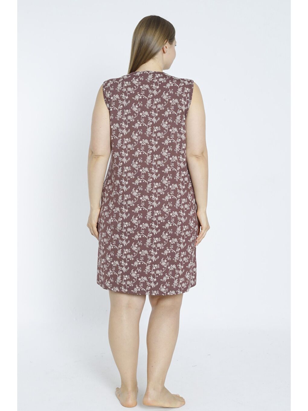 Kahverengi Desenli Saten Detaylı Askılı Büyük Beden Elastanlı Viskon Gecelik-3