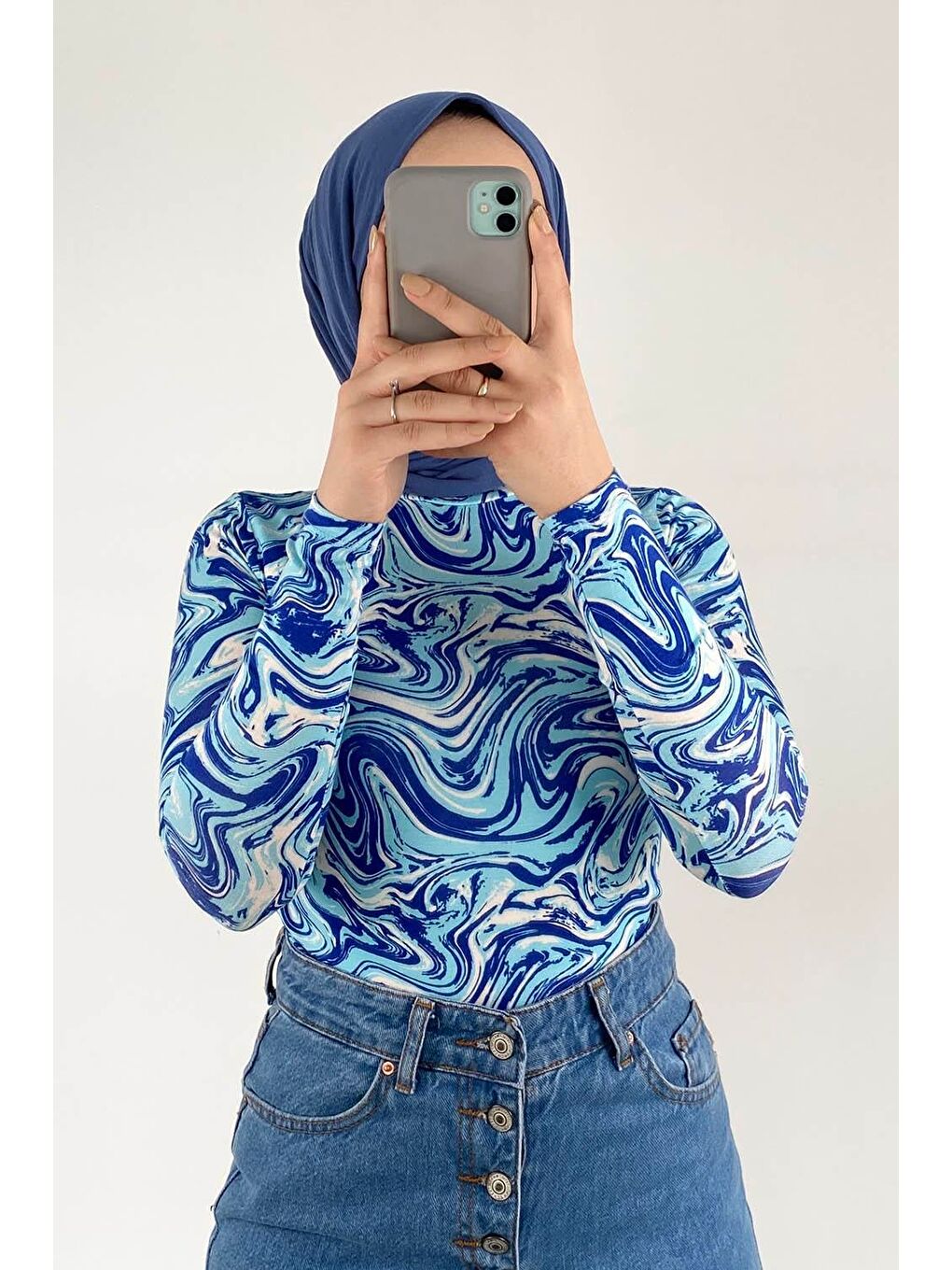 Yarım Balıkçı Yaka Ebru Desenli Body Mavi