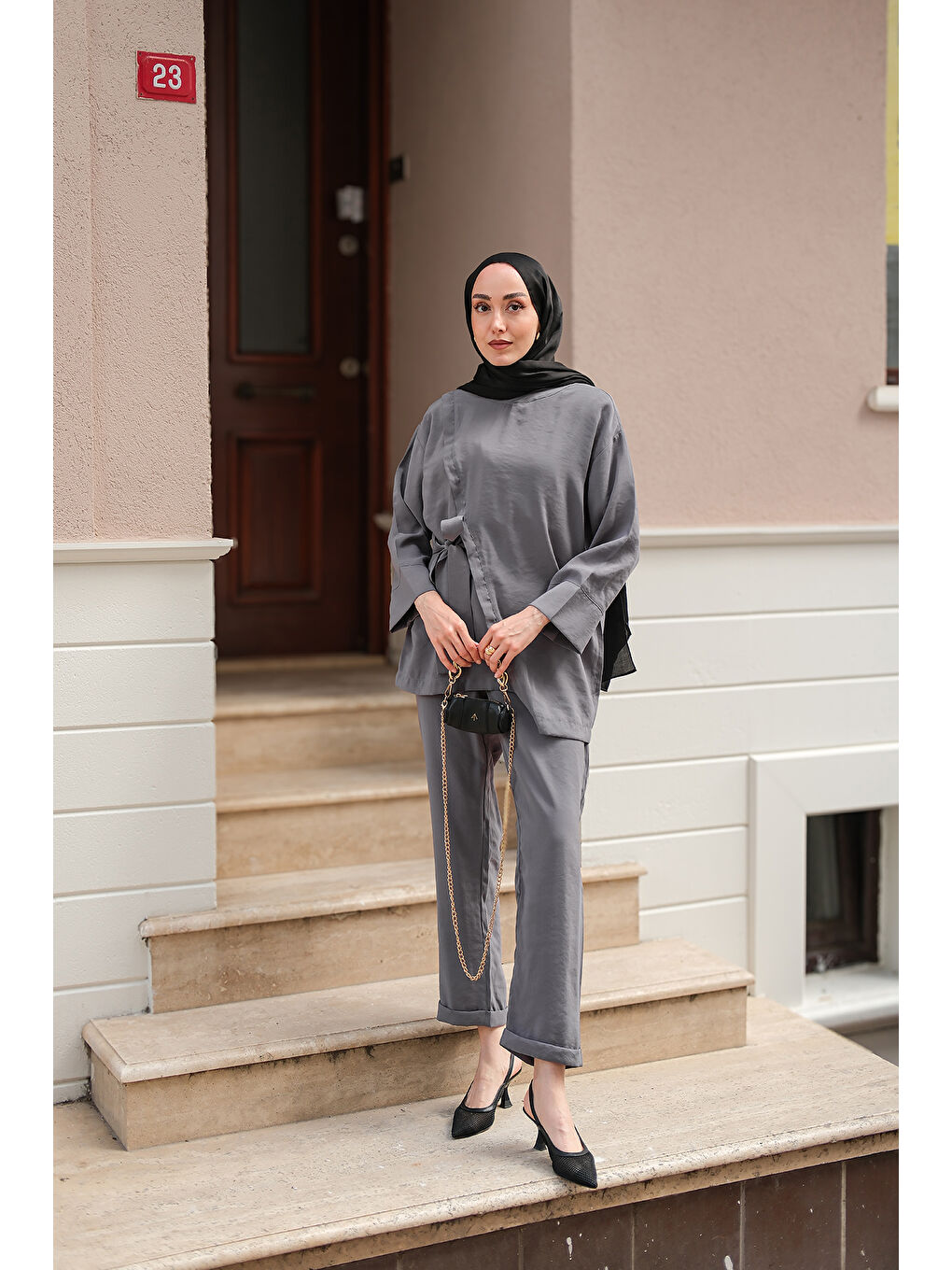 Kadın Yandan Bağlamalı Modal Takım Gri-4
