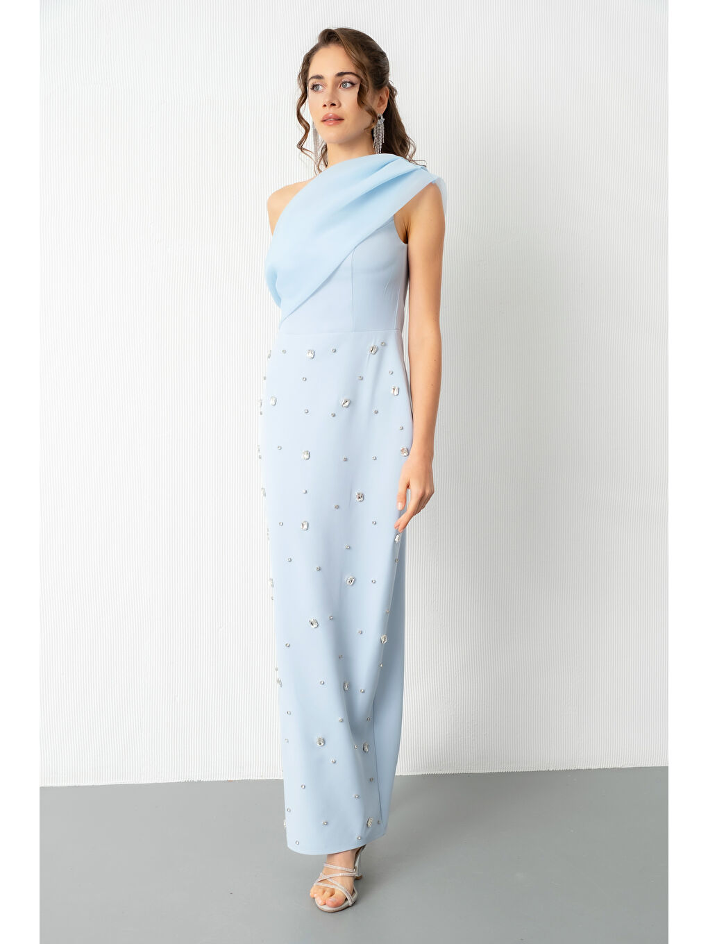 Kadın Bebe Mavi Tek Omuz Taşlı Söz Nişan Nikah Abiye Elbise-1