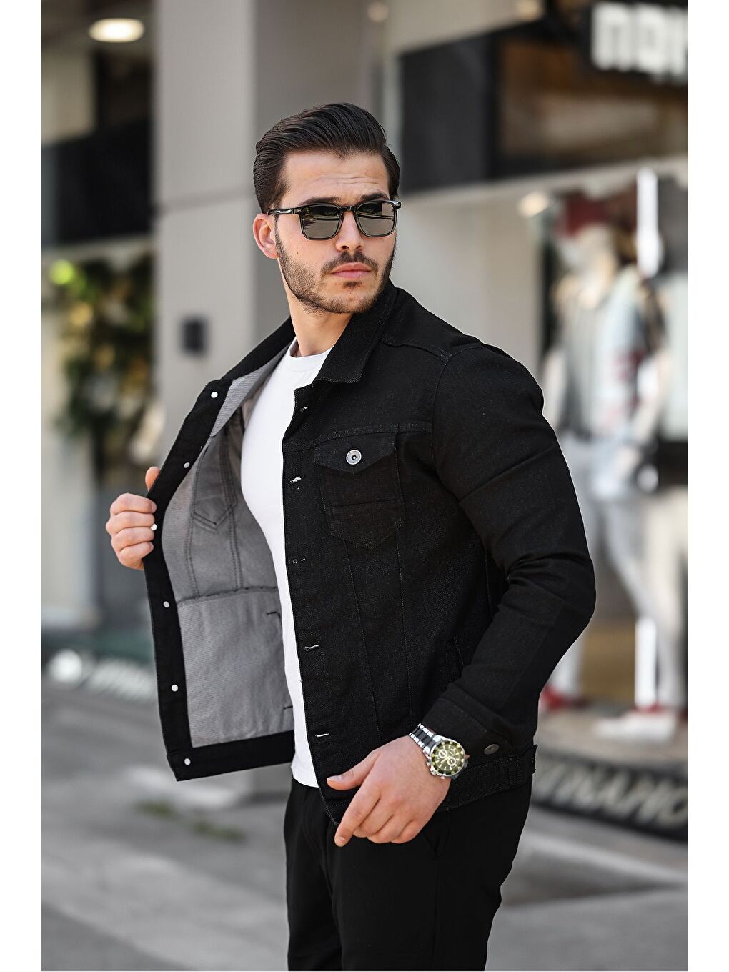 Erkek Trend Polo Yaka Slim Fit Siyah Jean Ceket