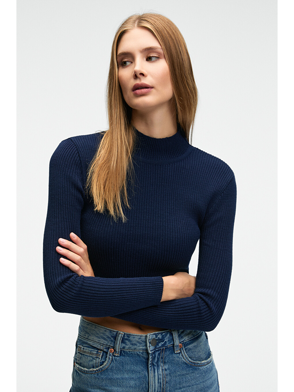 Calıda Kadın Dik Yaka Fitilli Görünümlü Slim Fit Triko Lacivert Kazak-2