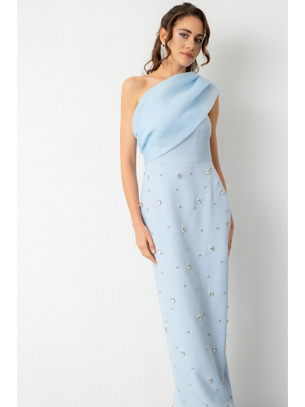 Kadın Bebe Mavi Tek Omuz Taşlı Söz Nişan Nikah Abiye Elbise-2