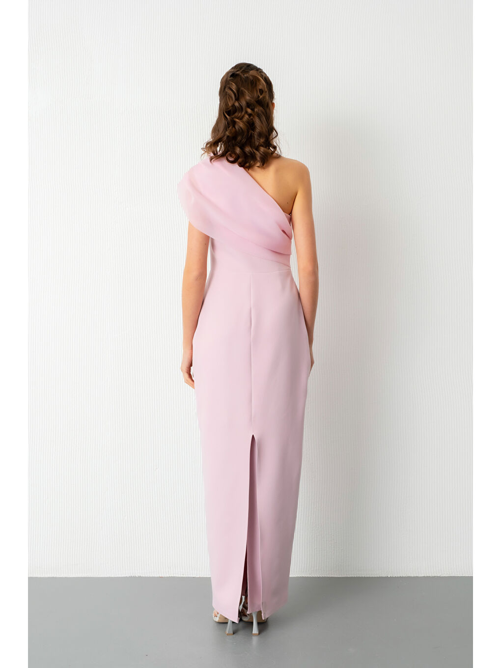 Pembe Kadın Pudra Tek Omuz Taşlı Söz Nişan Nikah Abiye Elbise-5