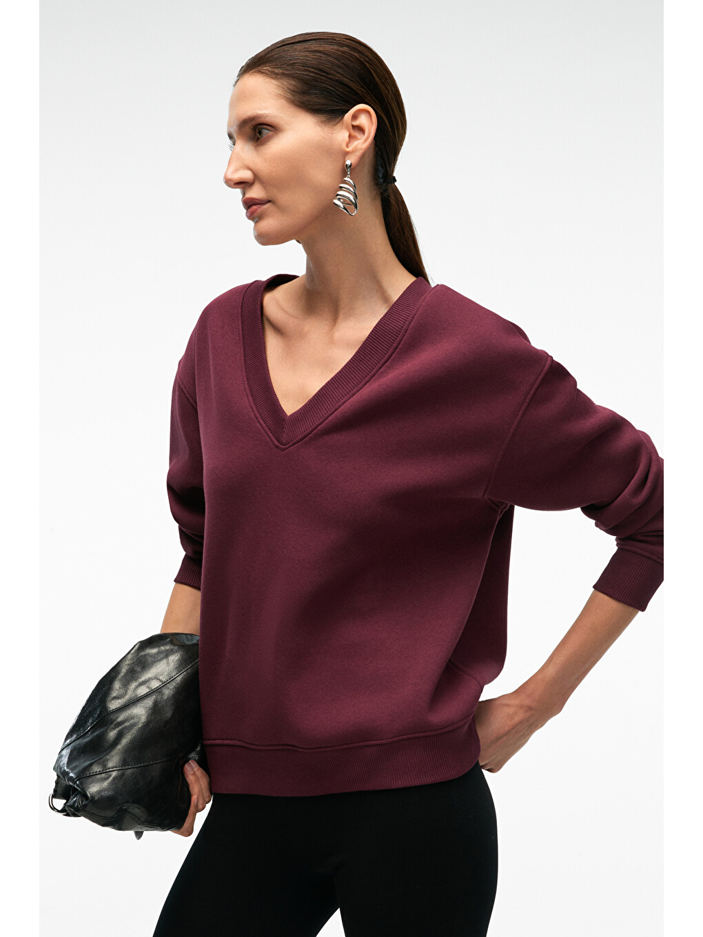 Arınel Kadın V Yaka Regular Fit Bordo Sweatshirt-2