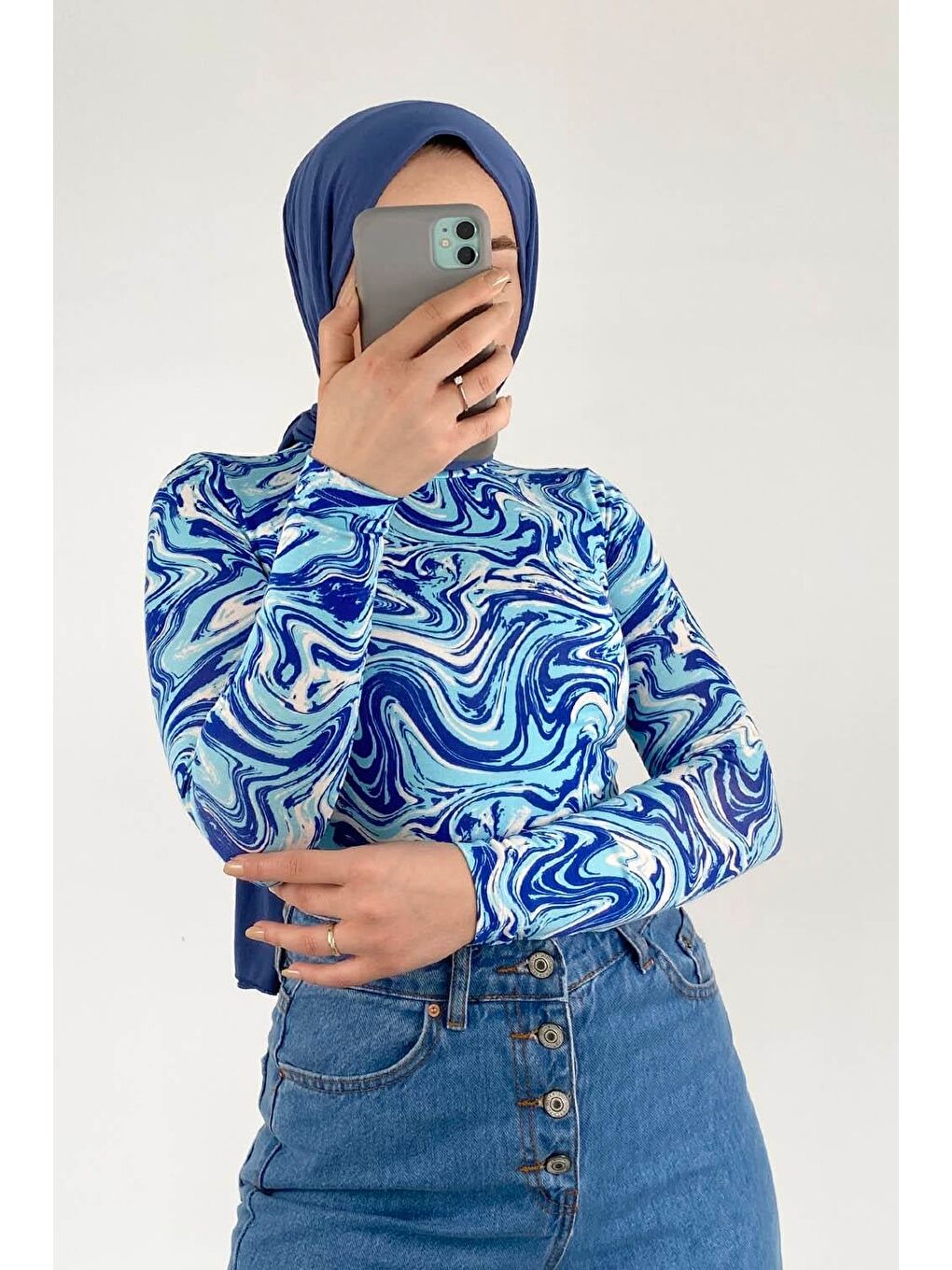 Yarım Balıkçı Yaka Ebru Desenli Body Mavi-1