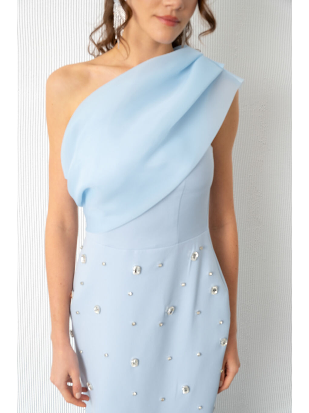 Kadın Bebe Mavi Tek Omuz Taşlı Söz Nişan Nikah Abiye Elbise-4