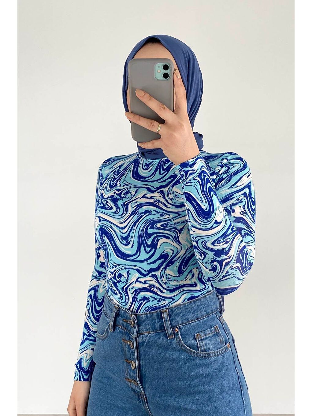 Yarım Balıkçı Yaka Ebru Desenli Body Mavi-2