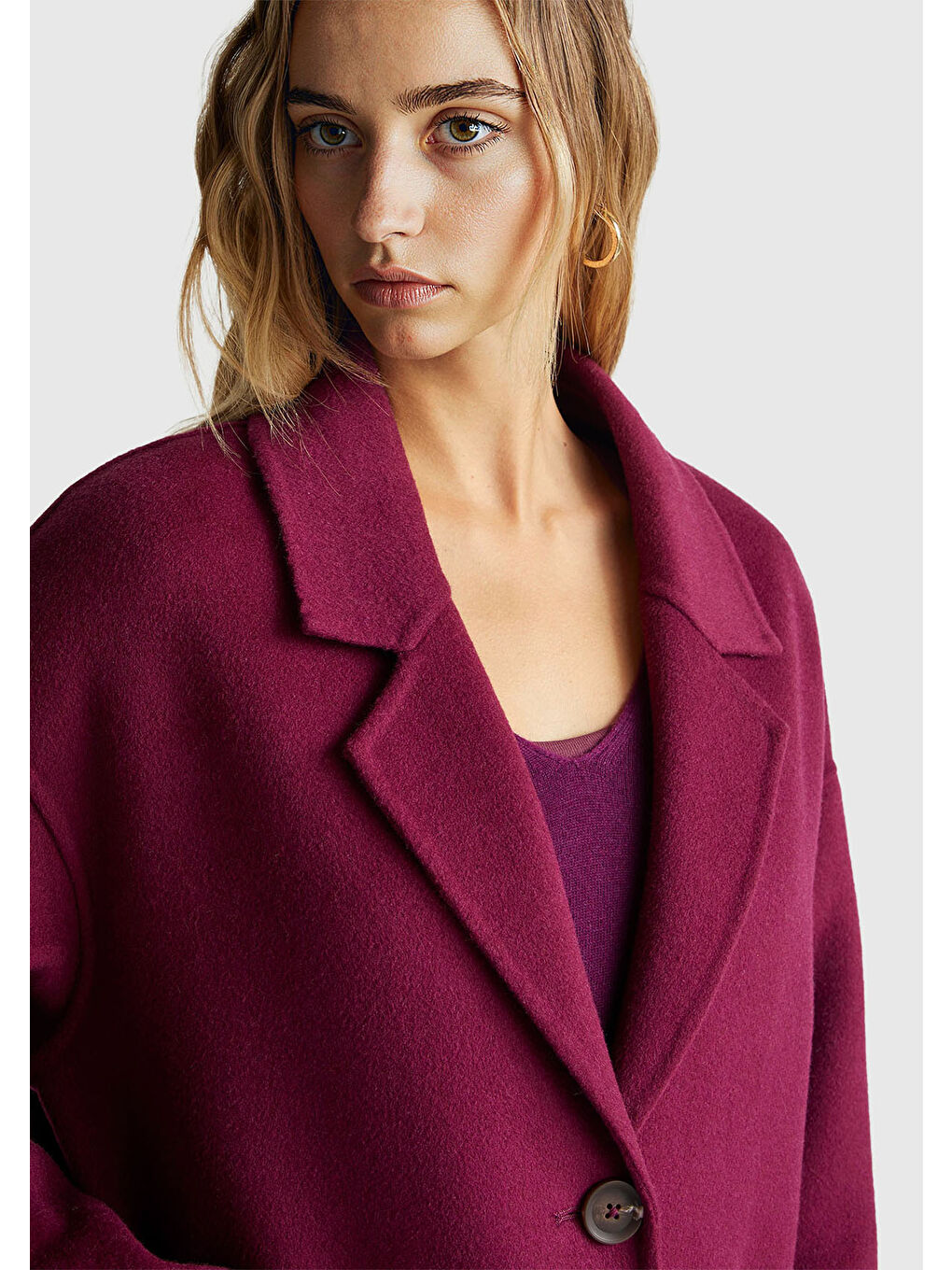 Kadın Mor Yün ve Viskoz Karışımlı Cep Detaylı Düğmeli Kruvaze Kaban-5