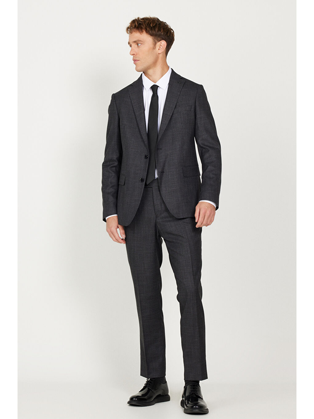 Erkek Antrasit Slim Fit Dar Kesim Mono Yaka Armürlü Çift Pantolonlu Takım Elbise-2