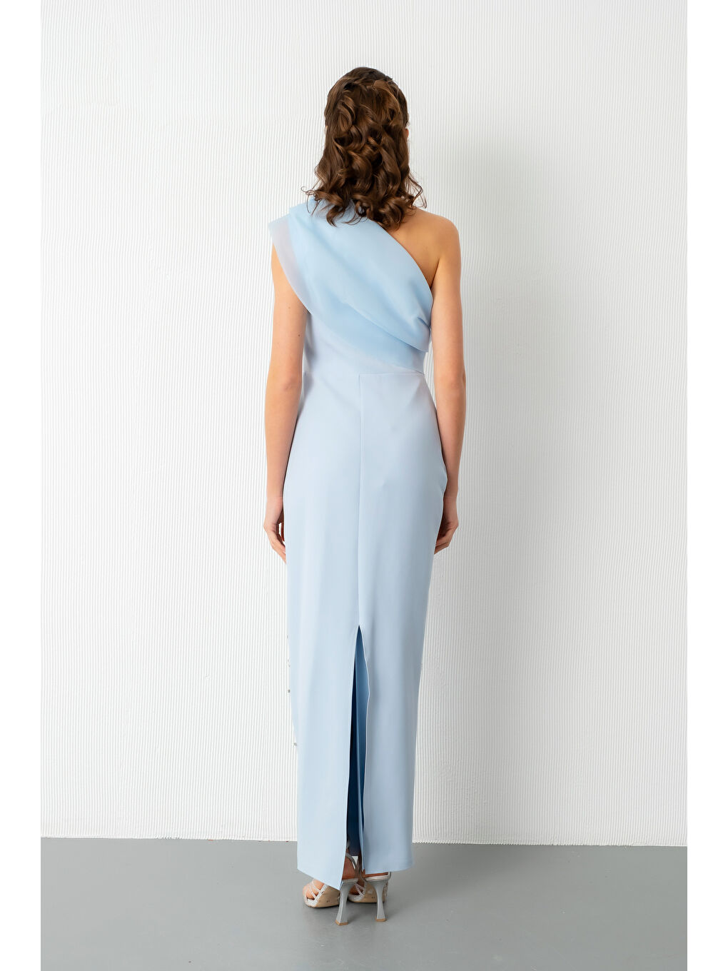 Kadın Bebe Mavi Tek Omuz Taşlı Söz Nişan Nikah Abiye Elbise-5