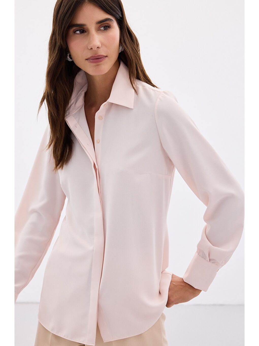Pembe Klasik Düz Gömlek - Pudra-1
