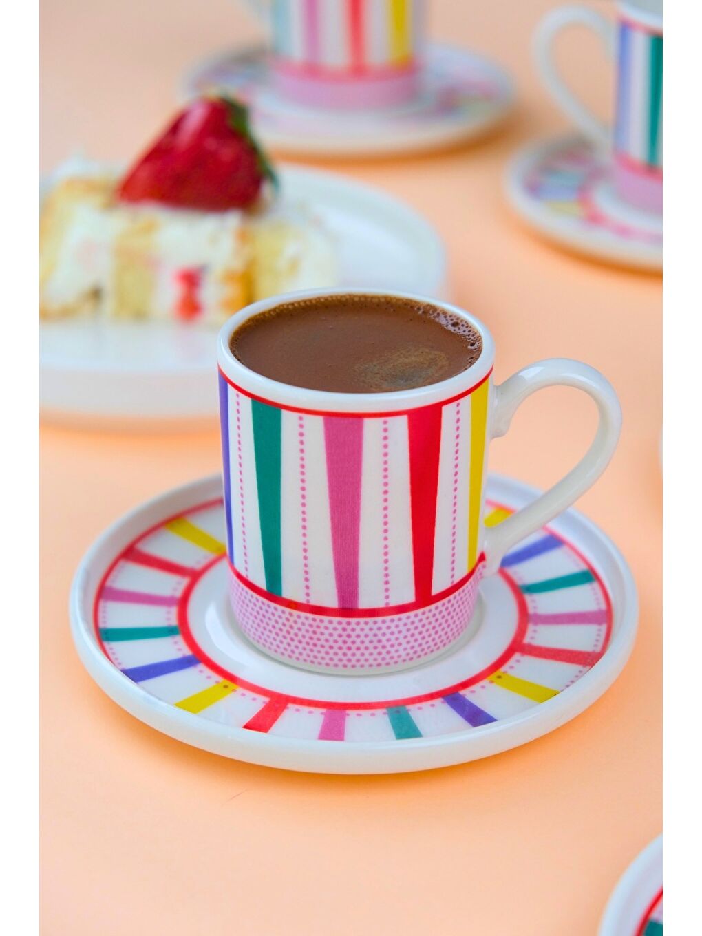 Beyaz Porselen Color Stripe Kahve Fincan Takımı 90cc 2 Kişilik 4 Parça