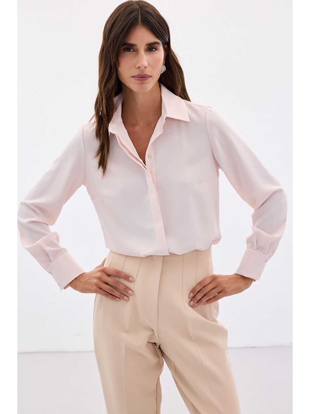 Pembe Klasik Düz Gömlek - Pudra-2