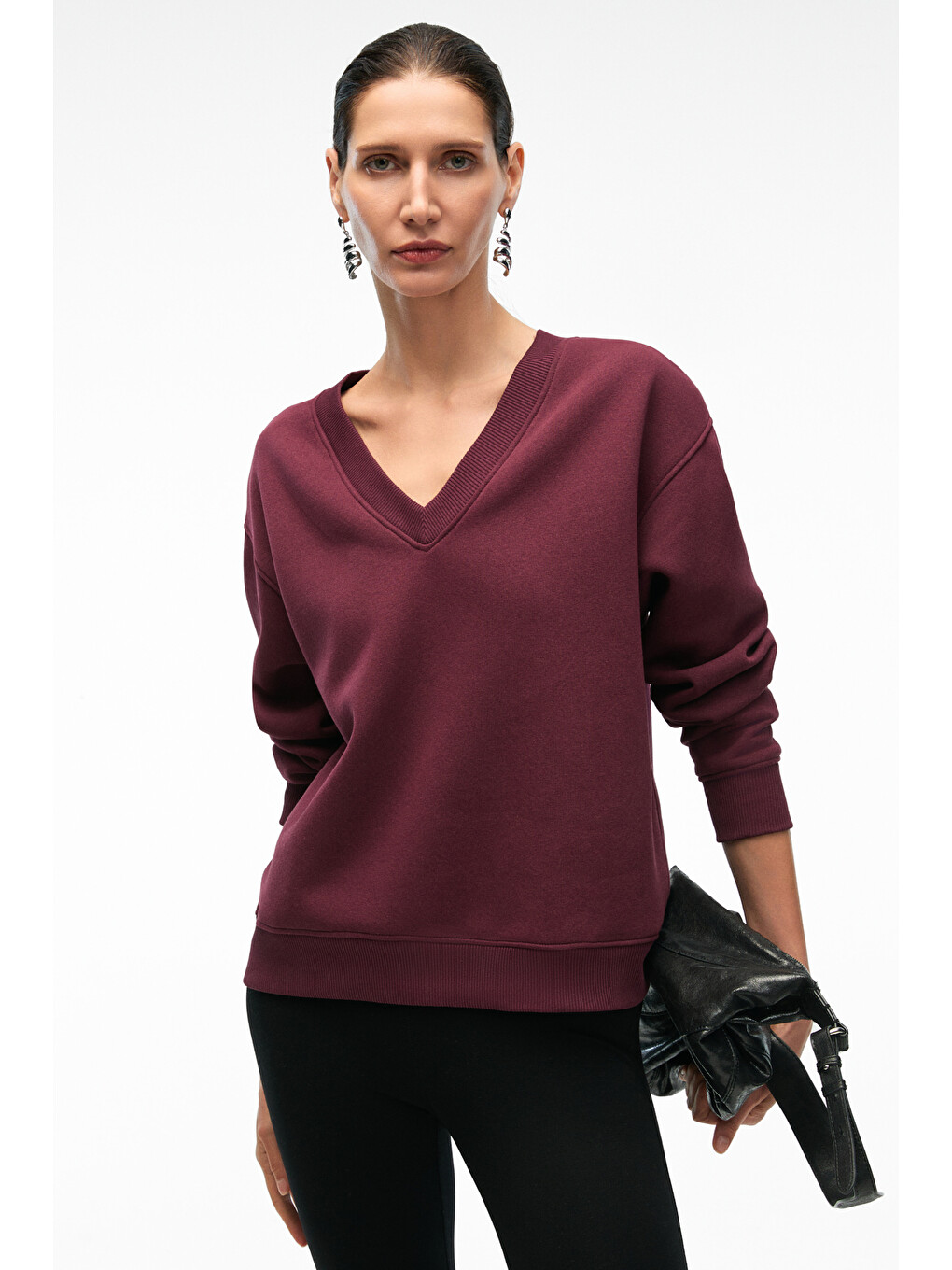 Arınel Kadın V Yaka Regular Fit Bordo Sweatshirt-3