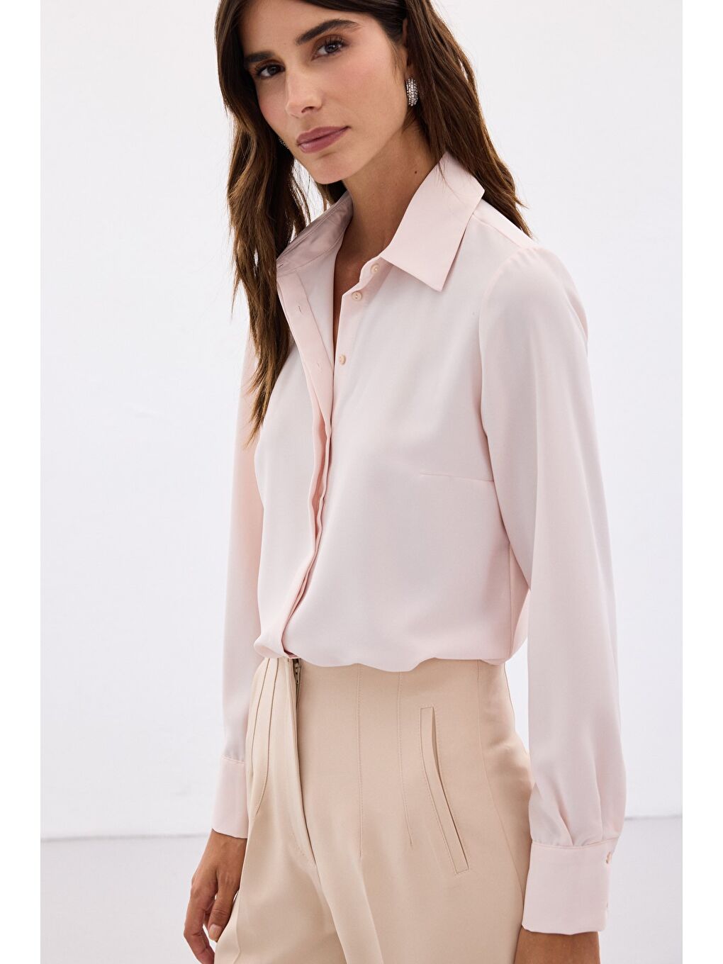 Pembe Klasik Düz Gömlek - Pudra-3