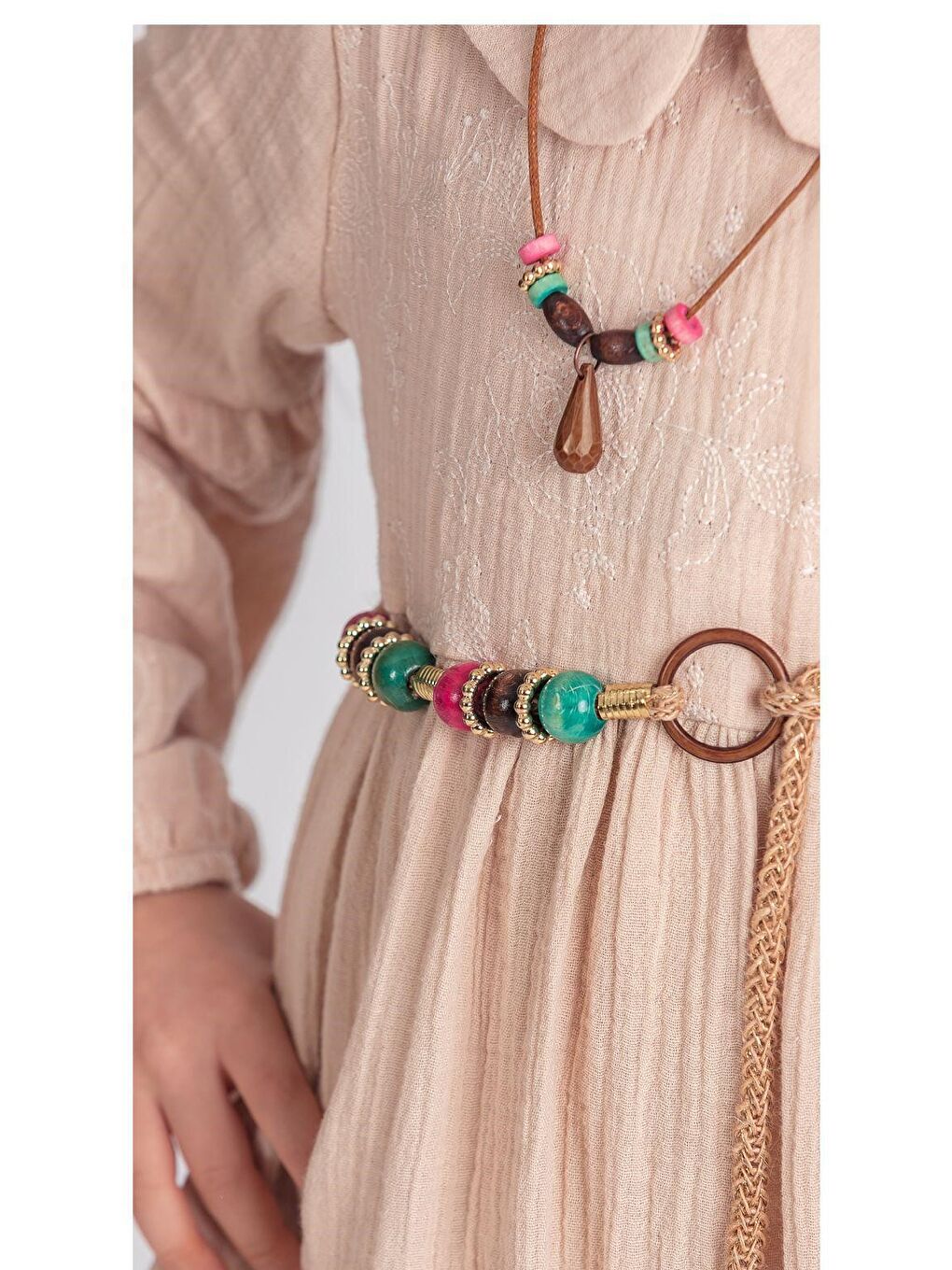 Pembe Müslin Kumaş Kız Çocuk Uzun Kollu Elbise M00705-3