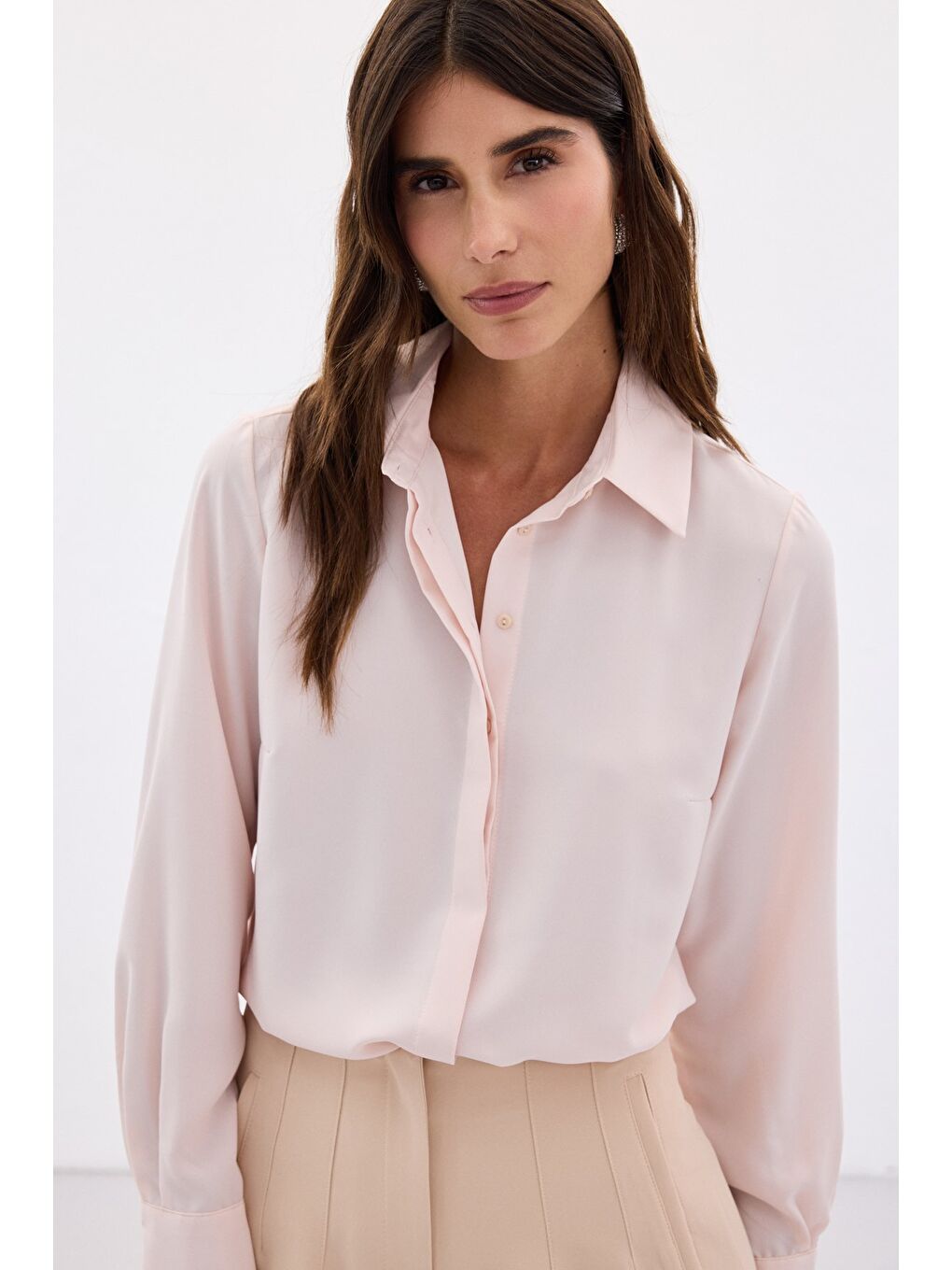 Pembe Klasik Düz Gömlek - Pudra-4