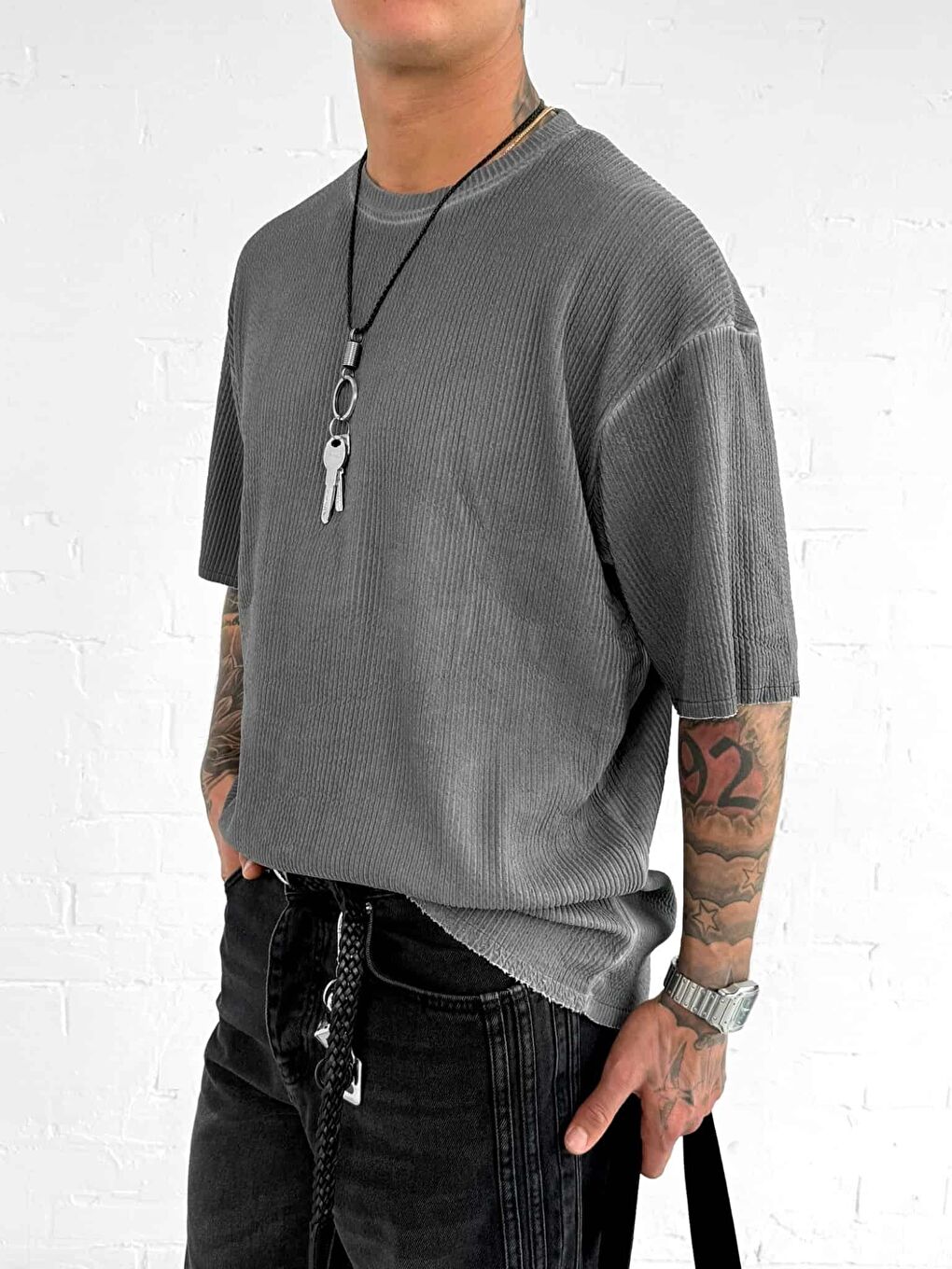 Erkek Yıkamalı Fitilli Oversize T-Shirt Siyah-5