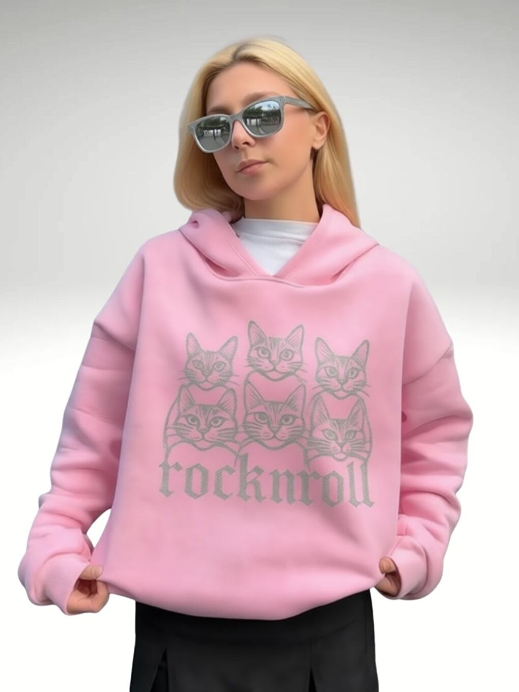 Kadın Pembe Kedicikler Baskılı Oversize Sweatshirt