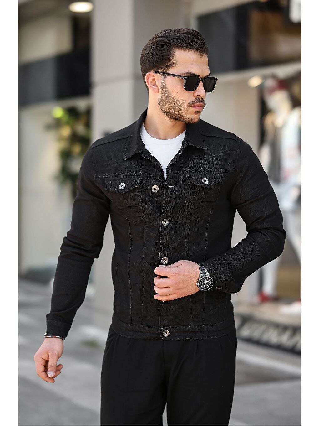 Erkek Trend Polo Yaka Slim Fit Siyah Jean Ceket-1