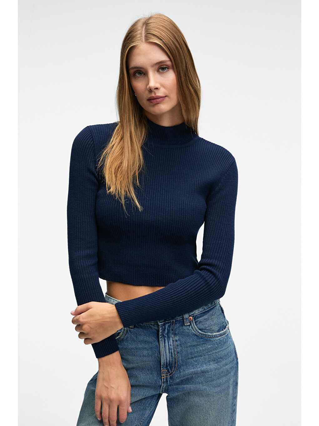 Calıda Kadın Dik Yaka Fitilli Görünümlü Slim Fit Triko Lacivert Kazak-3