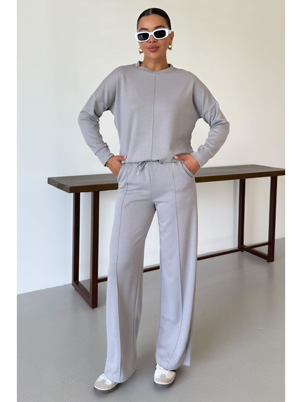 Kadın Gri Düz Biye Detay Bisiklet Yaka Modal Kumaş Alt-Üst Eşofman Takımı-2