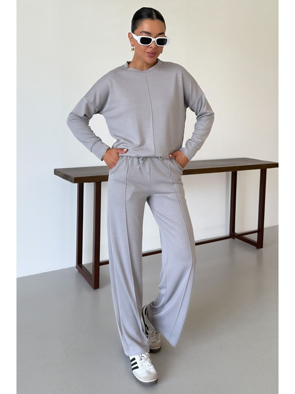 Kadın Gri Düz Biye Detay Bisiklet Yaka Modal Kumaş Alt-Üst Eşofman Takımı-3