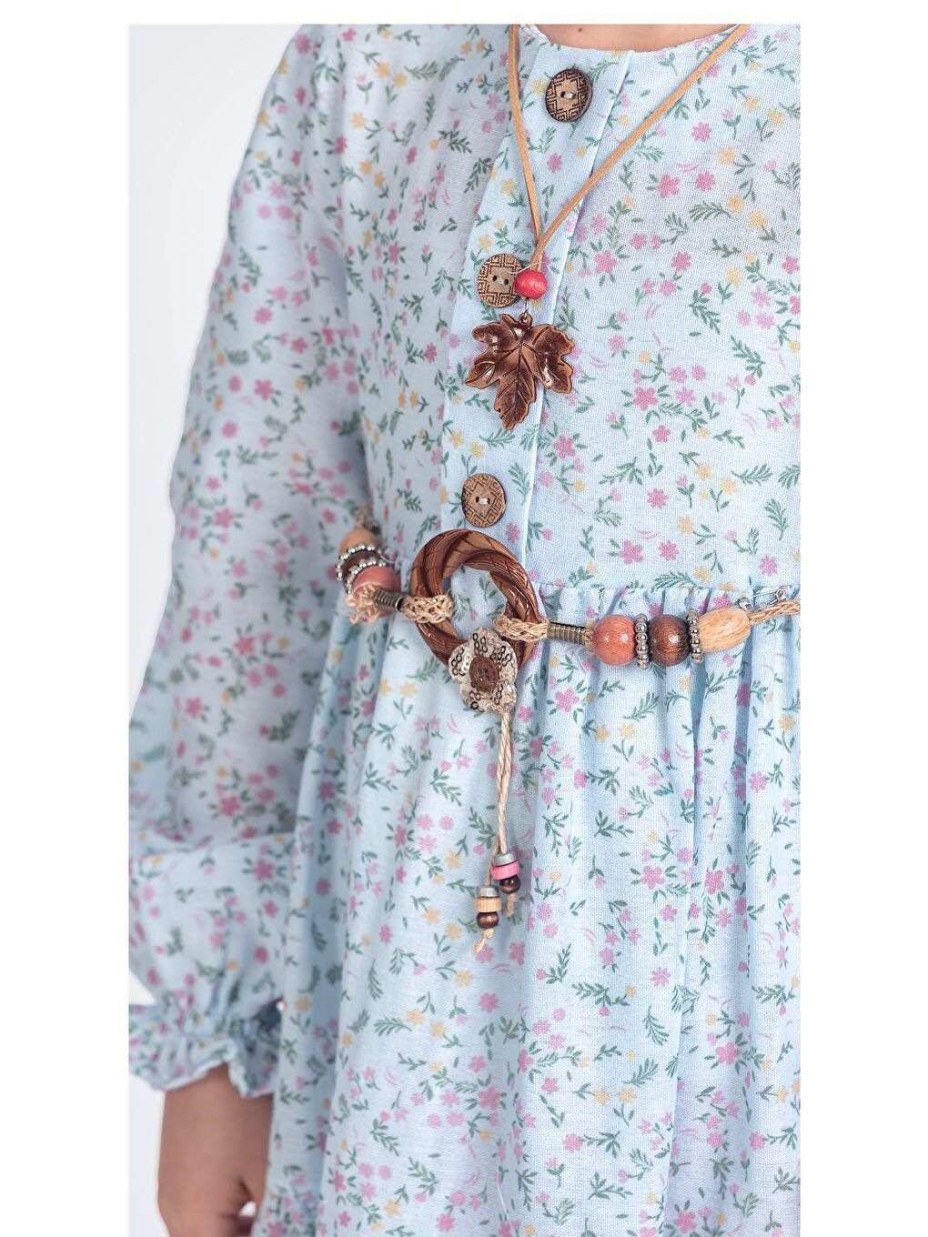 Mavi Müslin Kumaş Kız Çocuk Uzun Kollu Elbise M00705-2