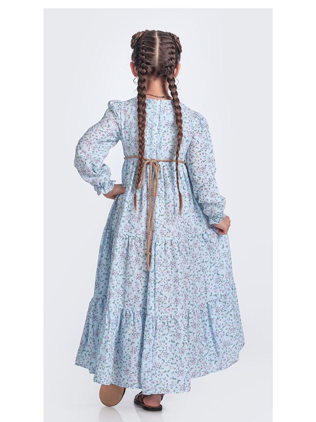 Mavi Müslin Kumaş Kız Çocuk Uzun Kollu Elbise M00705-3