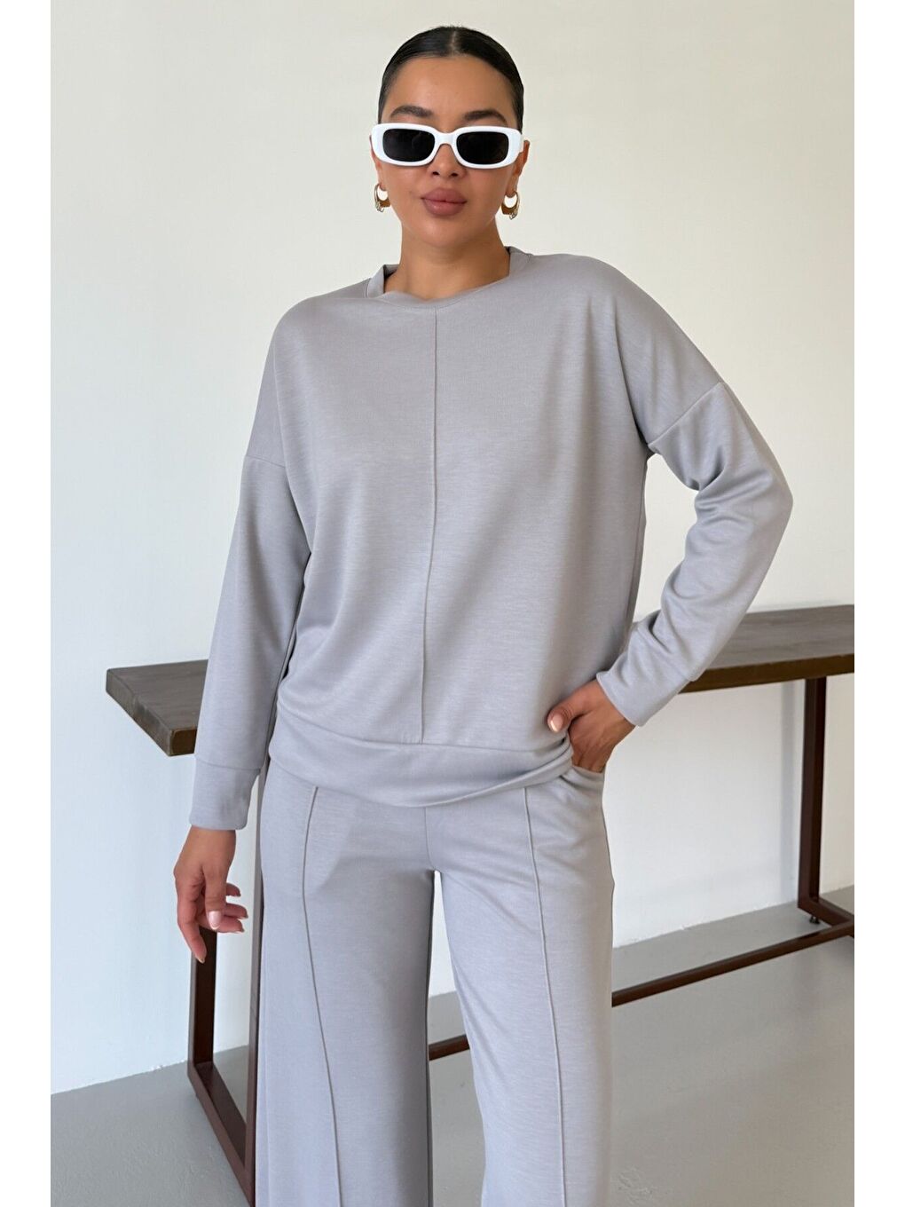 Kadın Gri Düz Biye Detay Bisiklet Yaka Modal Kumaş Alt-Üst Eşofman Takımı-4