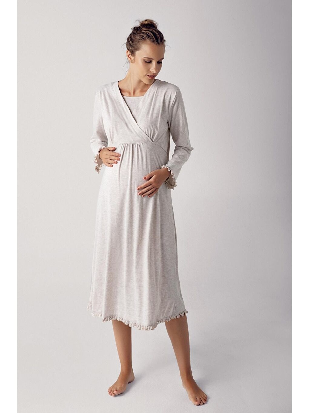 Bej Kadın Uzun Kollu Esnek Pamuk Kumaş Hamile Gecelik 13112