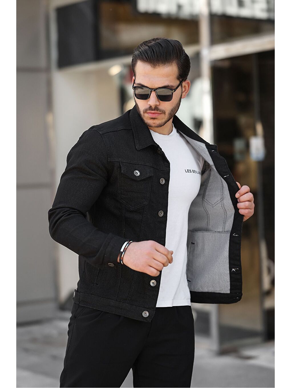 Erkek Trend Polo Yaka Slim Fit Siyah Jean Ceket-2