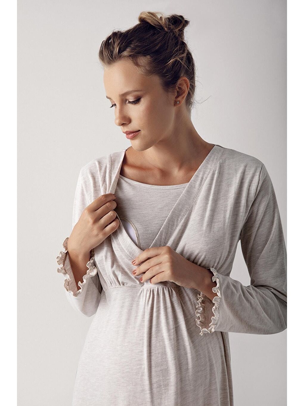 Bej Kadın Uzun Kollu Esnek Pamuk Kumaş Hamile Gecelik 13112-1