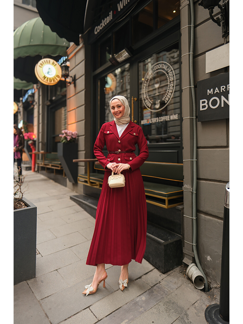 Kadın Gold Düğme Detaylı Etekli Takım Bordo-2
