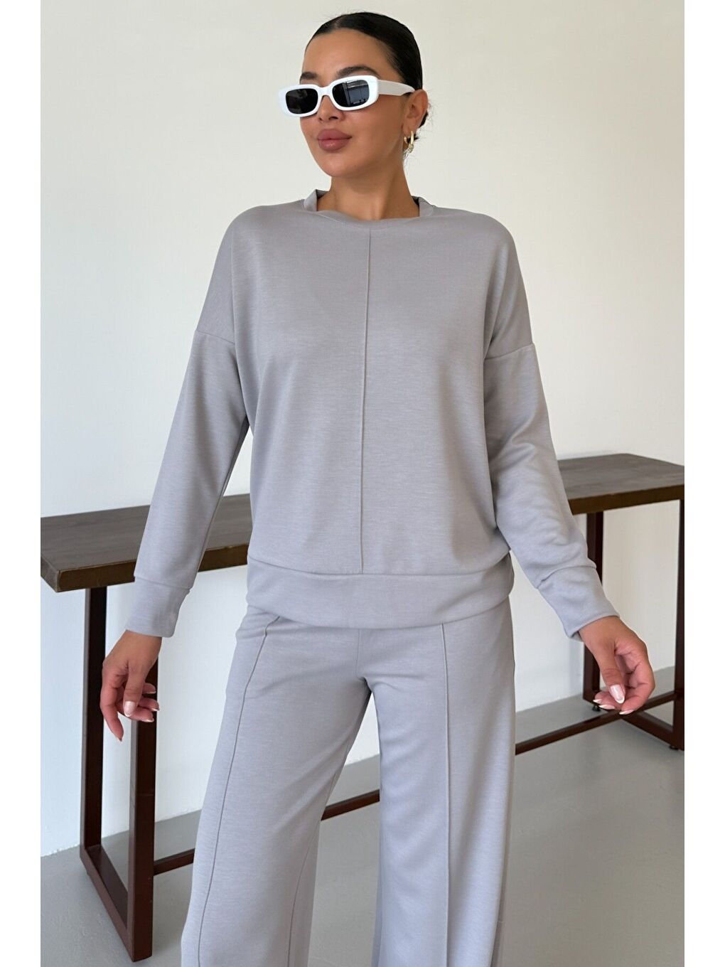 Kadın Gri Düz Biye Detay Bisiklet Yaka Modal Kumaş Alt-Üst Eşofman Takımı-5