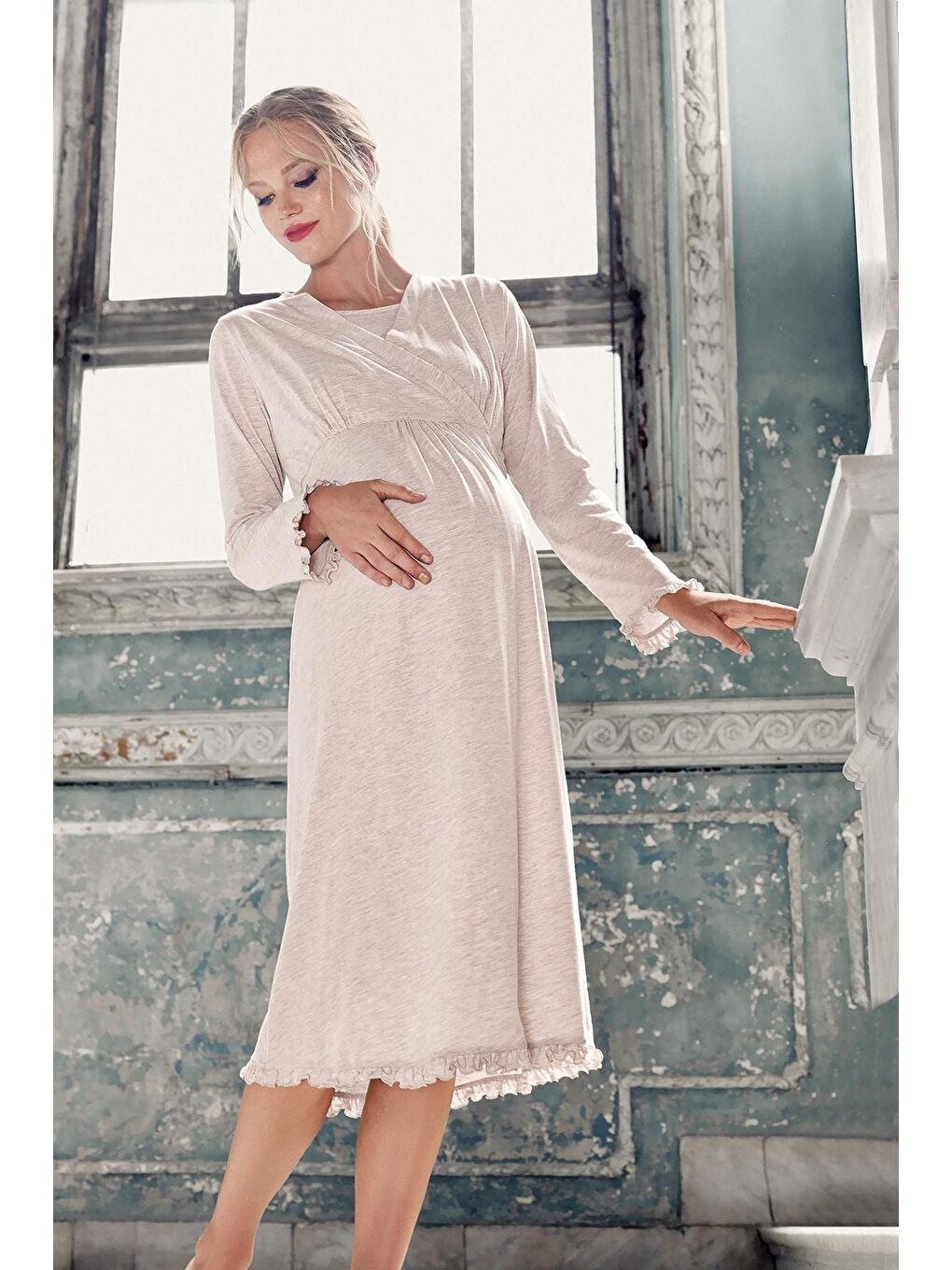 Bej Kadın Uzun Kollu Esnek Pamuk Kumaş Hamile Gecelik 13112-2