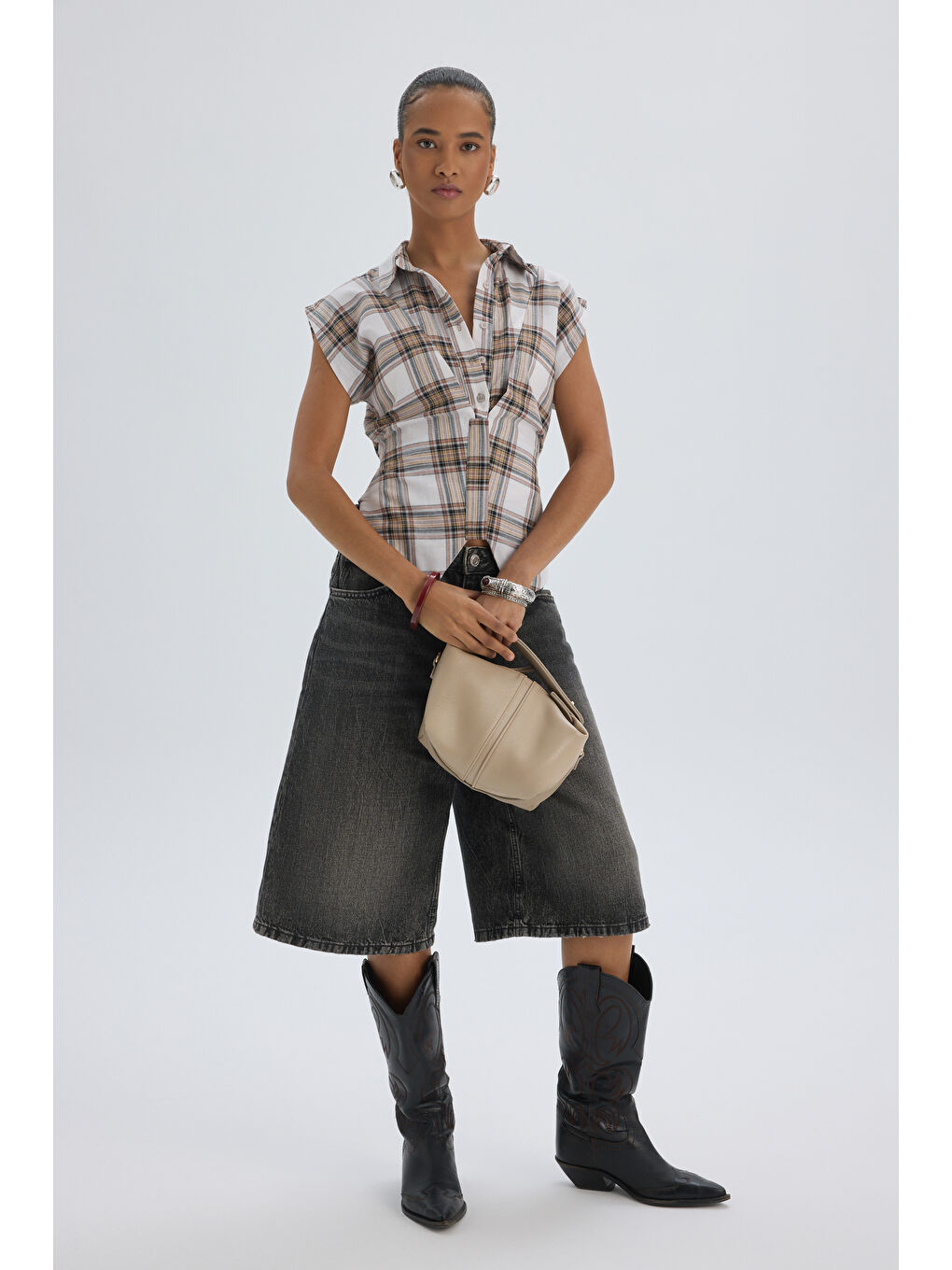 Frenzy Ekoseli Ekru Kısa Gömlek-1