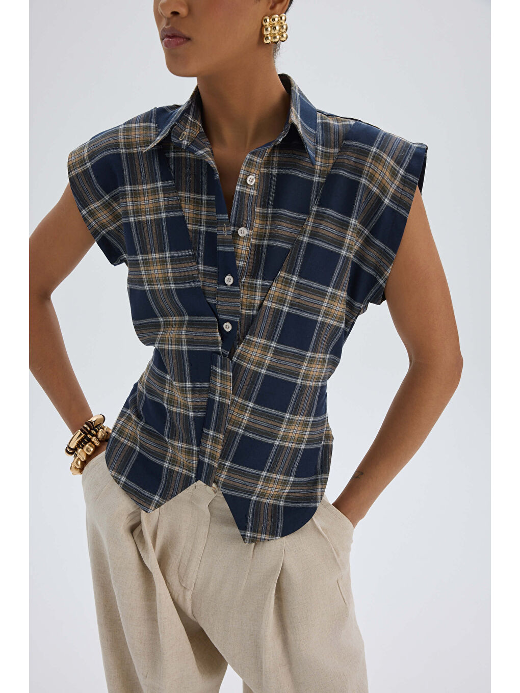 Frenzy Ekoseli Lacivert Kısa Gömlek-3