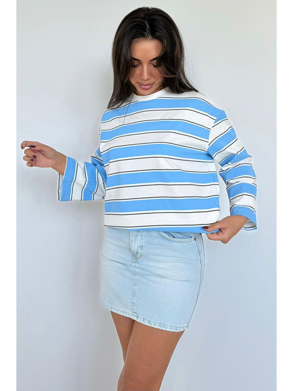 Mavi Bisiklet Yaka %100 Pamuklu Çizgili Uzun Kollu Tişört Mg2362-5