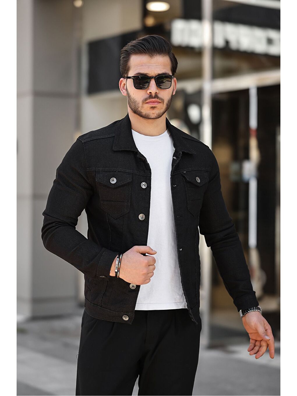 Erkek Trend Polo Yaka Slim Fit Siyah Jean Ceket-3