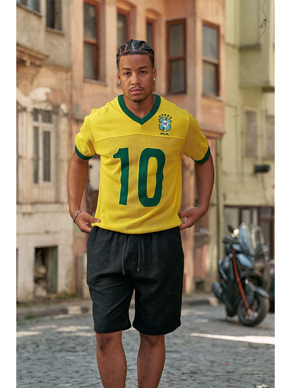 Erkek Oversize Futbol V Yaka Triko Forma T-Shirt Sarı-2