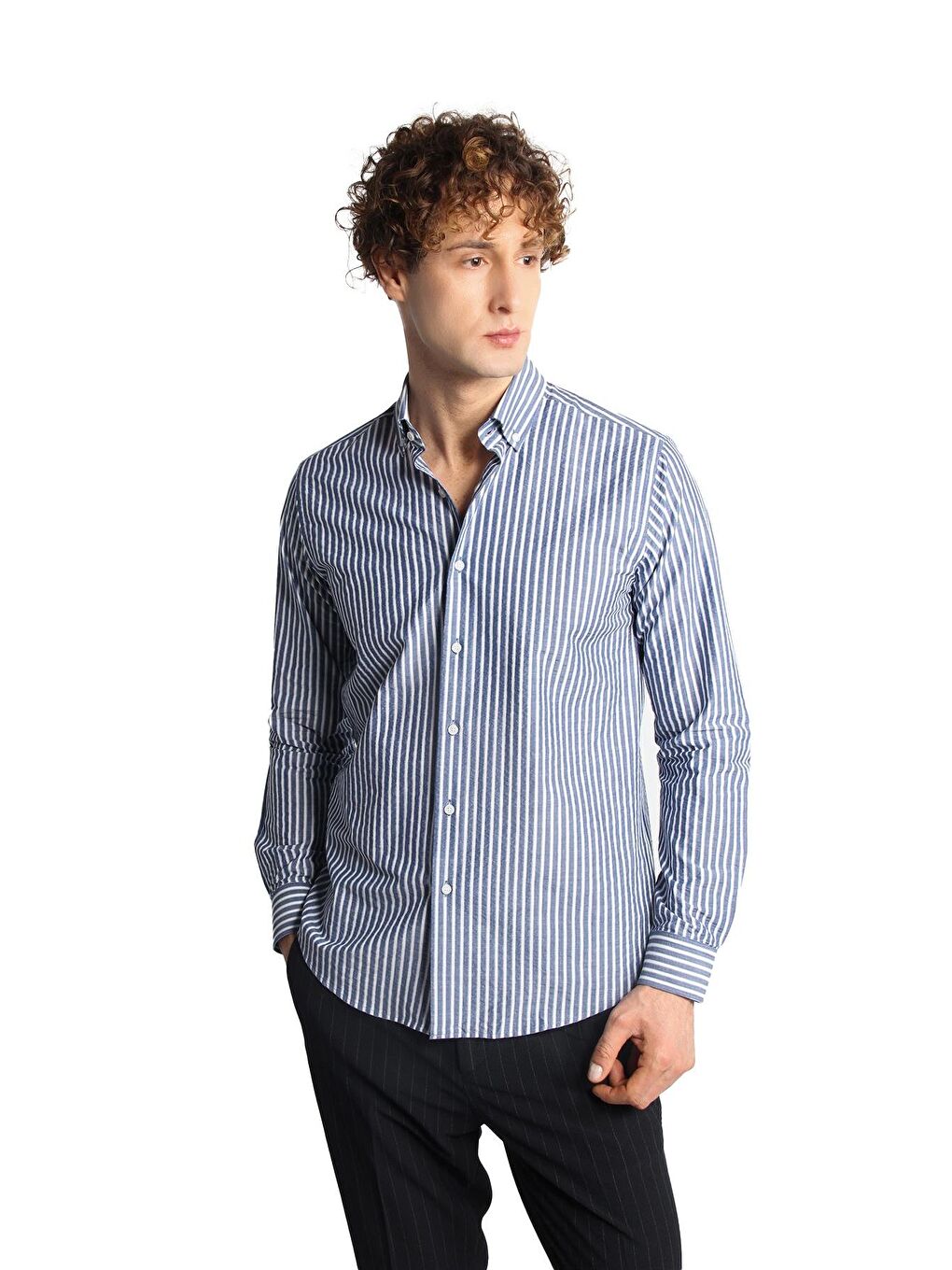 Lacivert Dynamic Fit Düğmeli Yaka Çizgili Uzun Kollu Cepsiz %100 Pamuk Gömlek-1