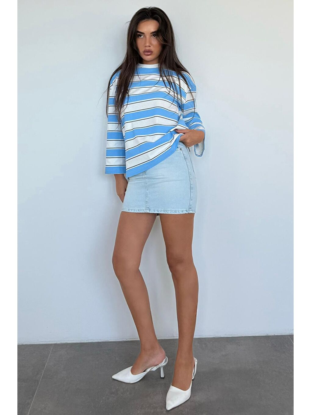 Mavi Bisiklet Yaka %100 Pamuklu Çizgili Uzun Kollu Tişört Mg2362-8