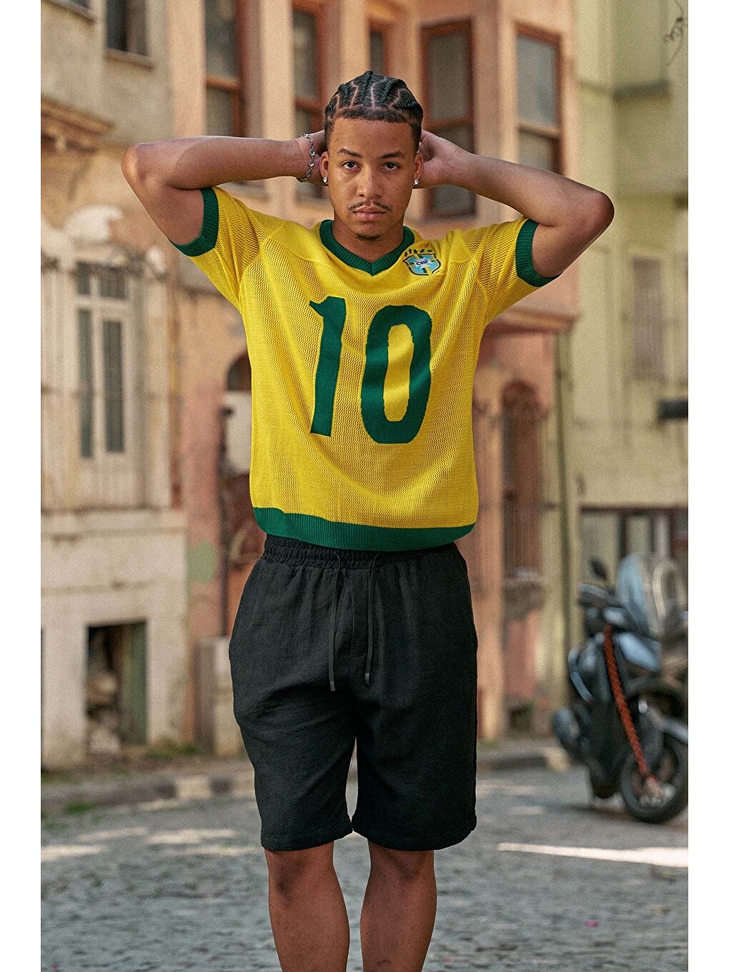 Erkek Oversize Futbol V Yaka Triko Forma T-Shirt Sarı-4