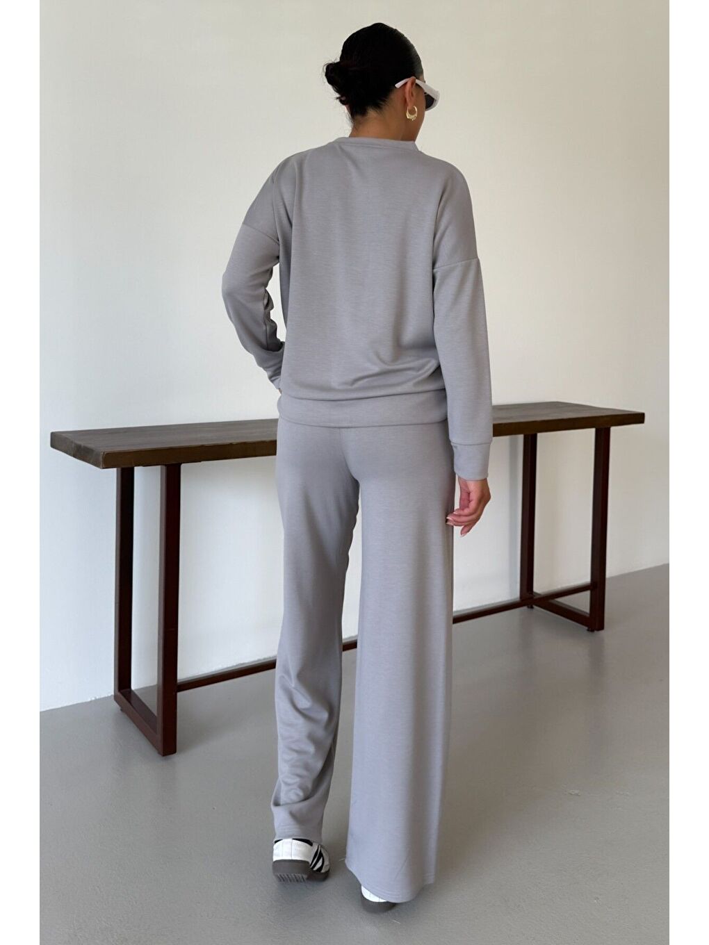 Kadın Gri Düz Biye Detay Bisiklet Yaka Modal Kumaş Alt-Üst Eşofman Takımı-7